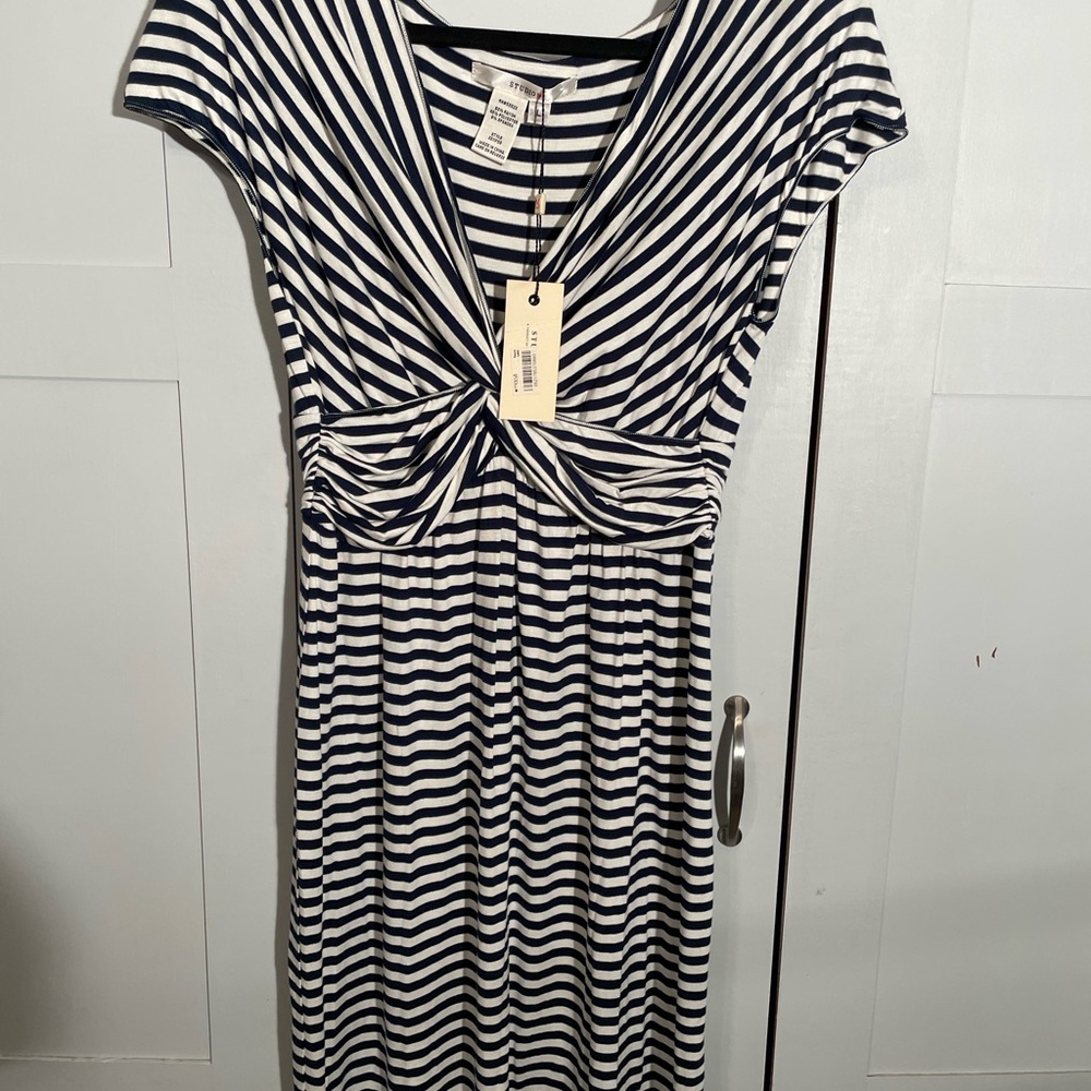 Striped Knot-Front Midi Dress in Navy and White